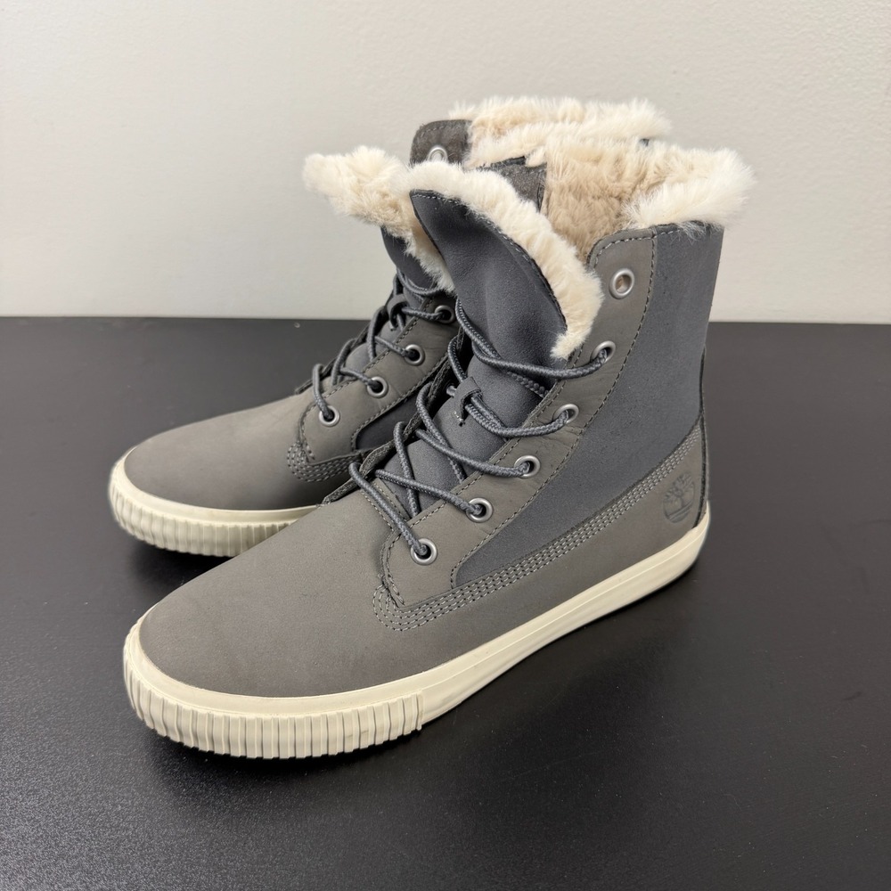 Timberland Shoes Womens 7.5 Gray White Faux Furry Lace-Up Boots Snow Winter Cozy